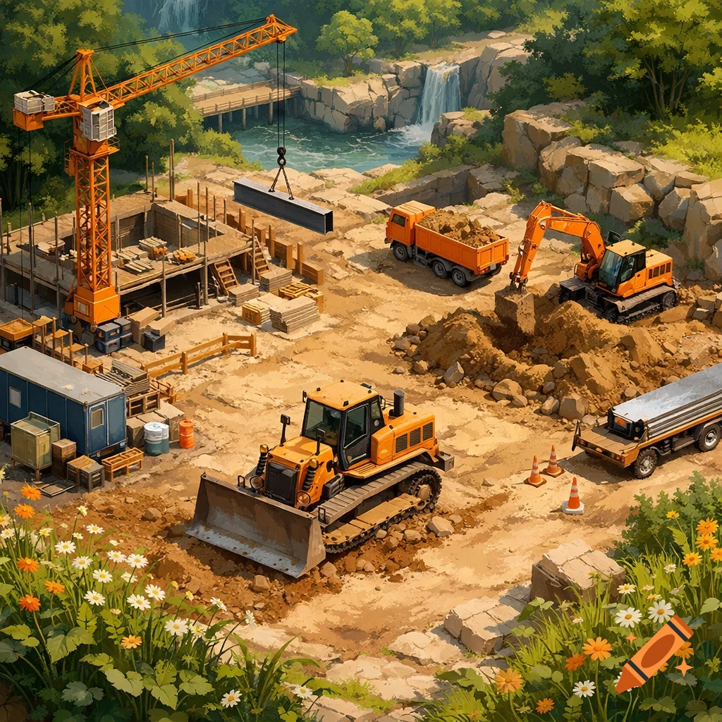 Isometric view of a detailed construction site with orange heavy machinery, dirt, and materials, surrounded by trees, a waterfall, and wildflowers.