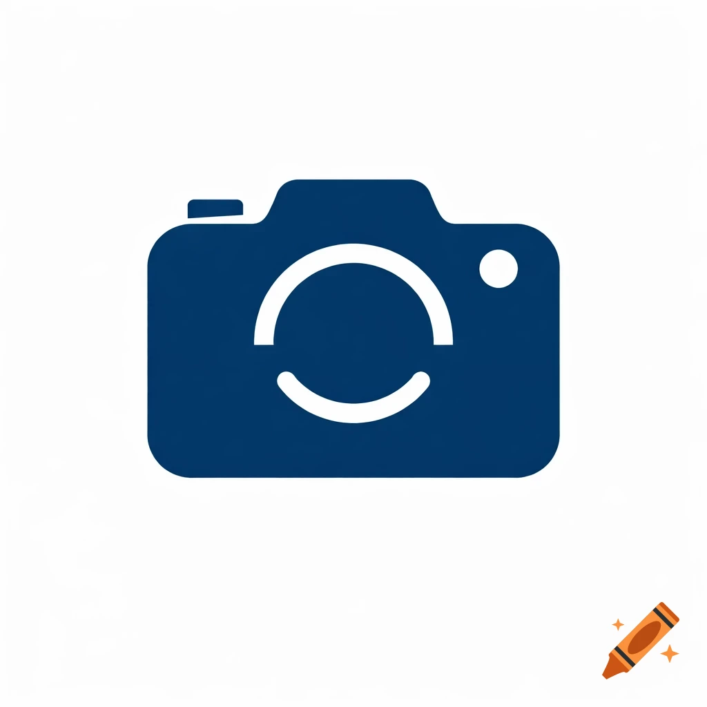 Dark blue minimalist camera icon with a white smiling face on a white background.