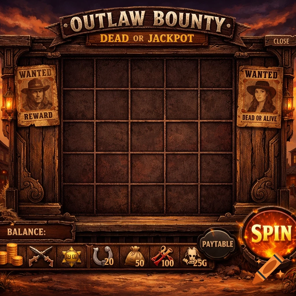 A detailed Wild West-themed slot machine interface with a 5x5 grid, "Outlaw Bounty" and "Dead or Jackpot" titles, wanted posters, balance, and spin buttons.