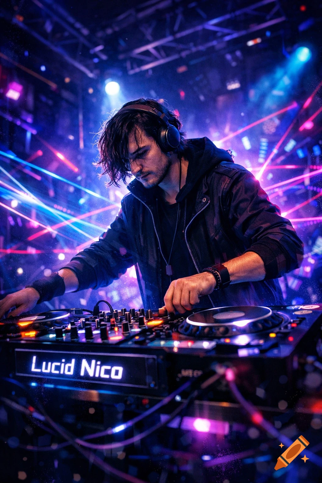 A male DJ with headphones mixes music on a turntable and mixer in a dark club, illuminated by vibrant blue and purple neon lights.