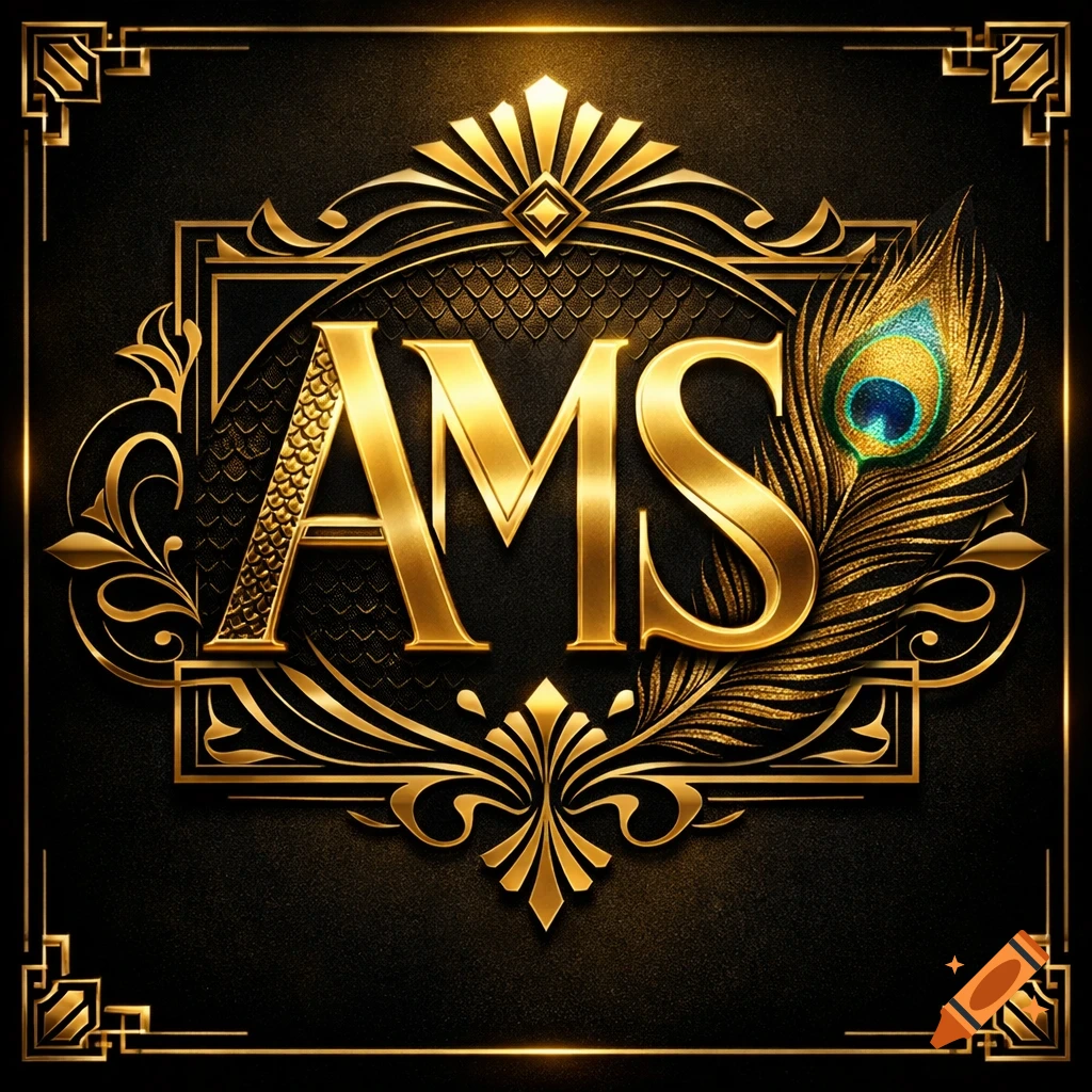 An ornate Art Deco style logo featuring the golden letters 'AMS' and a peacock feather, set on a black background with gold borders.