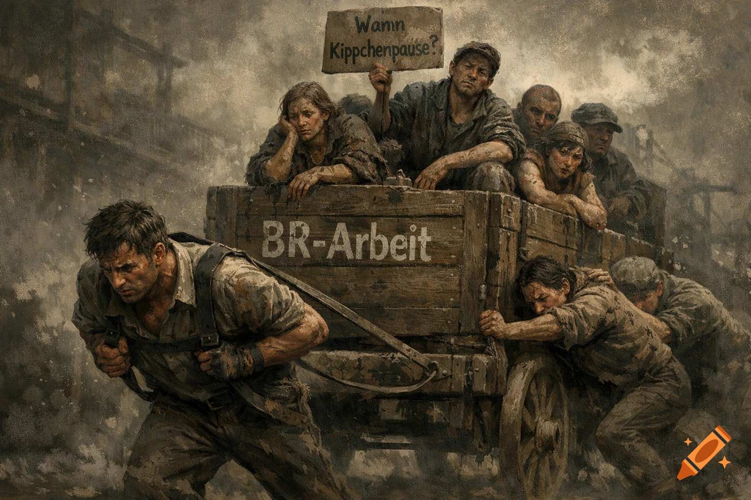 Exhausted workers in a gritty, painterly style pull and push a wooden cart labeled 'BR-Arbeit', one holding a 'Wann Kippchenpause?' sign.