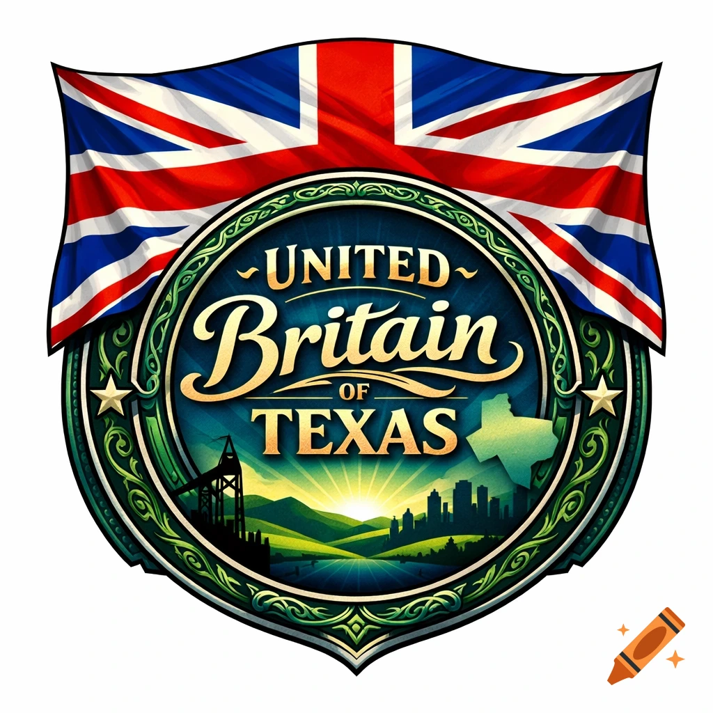 A crest with a Union Jack flag at the top. A circular emblem below reads 'United Britain of Texas' over a landscape with a sunrise, city, and oil derrick.