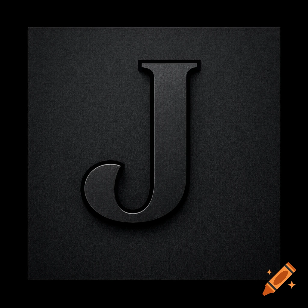 A dark gray letter J with a debossed effect on a textured black background.