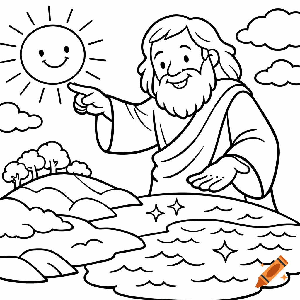 Black and white line art coloring page of a smiling God pointing at a smiling sun above land and water.