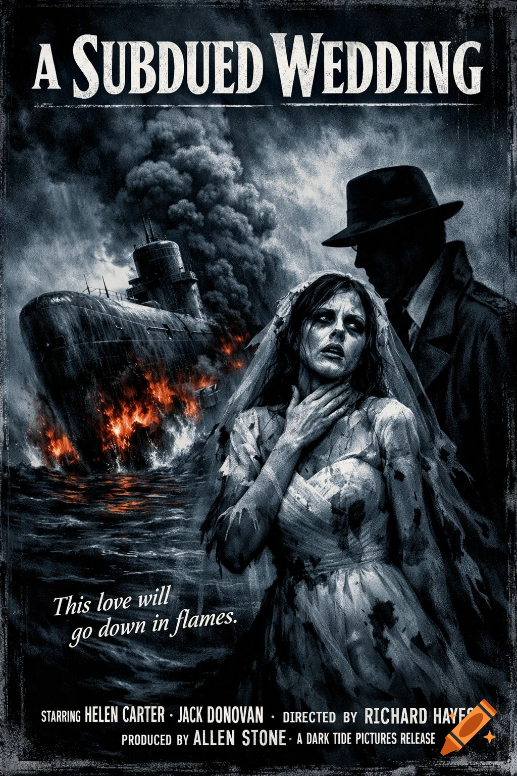 A vintage movie poster titled 'A Subdued Wedding' featuring a distressed bride in a dirty dress, a shadowy man, and a burning submarine in a dark, stormy sea.