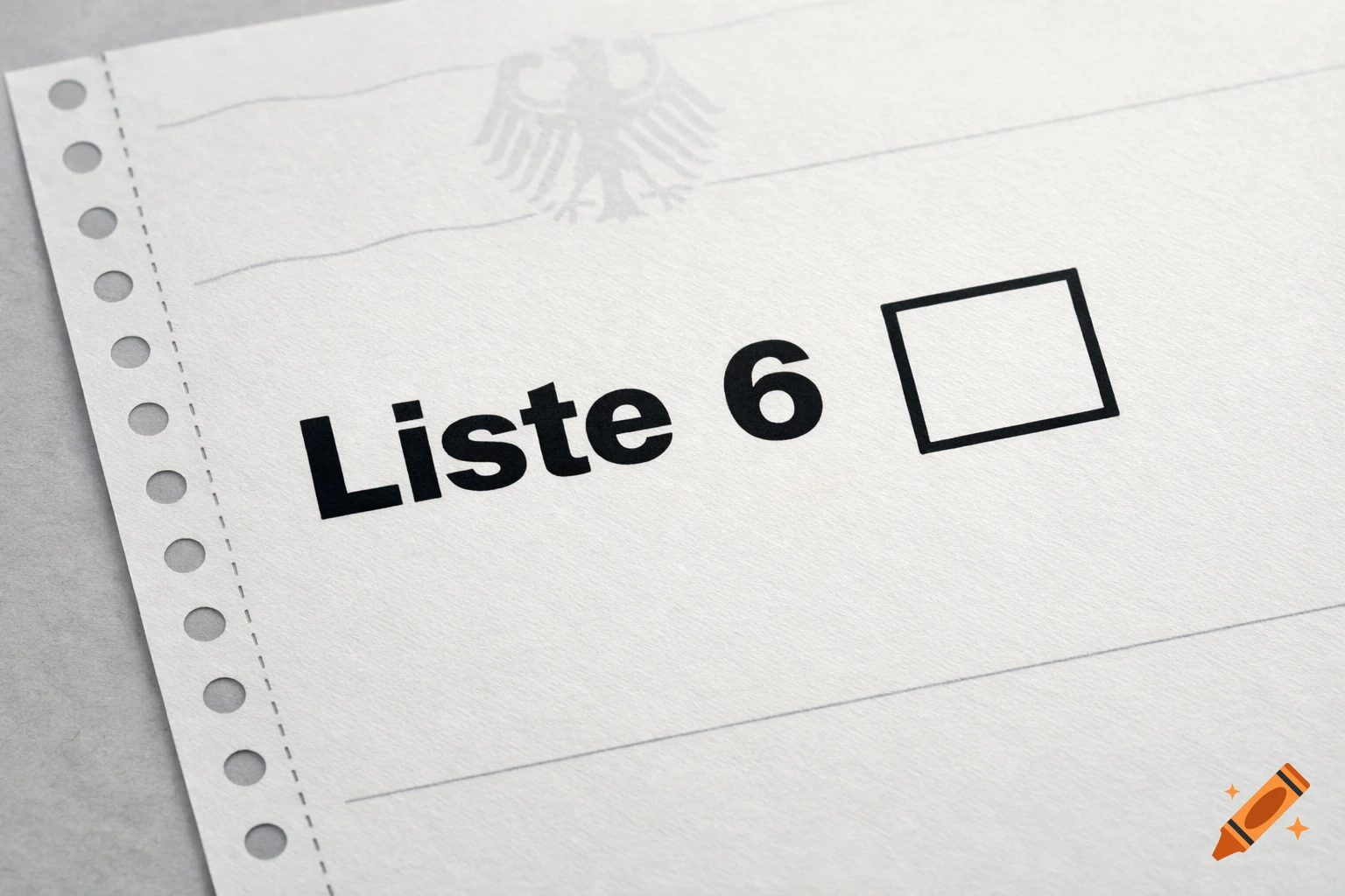 A close-up of a white ballot paper with "Liste 6" printed next to an empty checkbox, with a faint eagle emblem in the background.