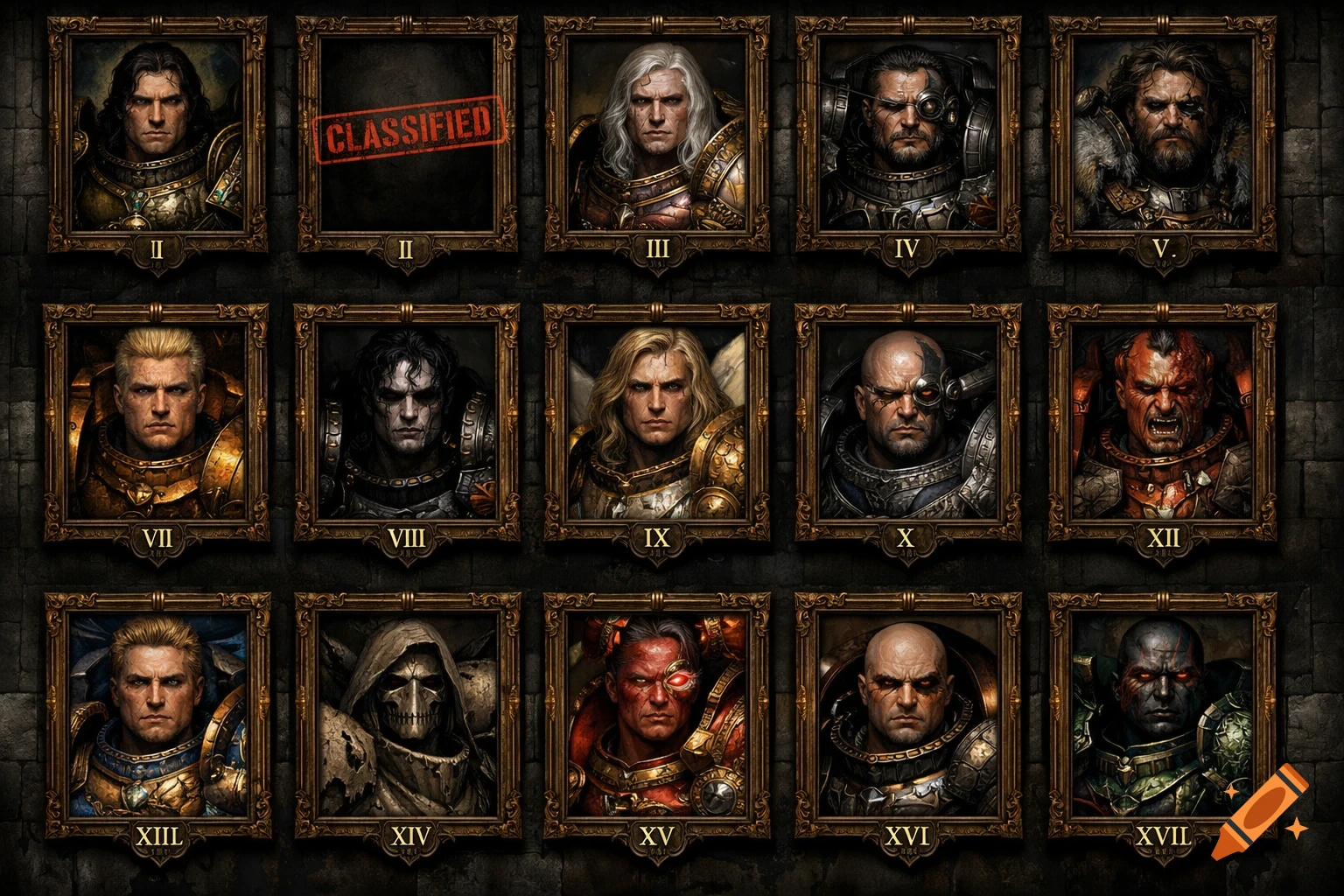 A grid of fifteen framed grimdark portraits of Warhammer 40,000 Primarchs in ornate armor, with one frame marked "CLASSIFIED".