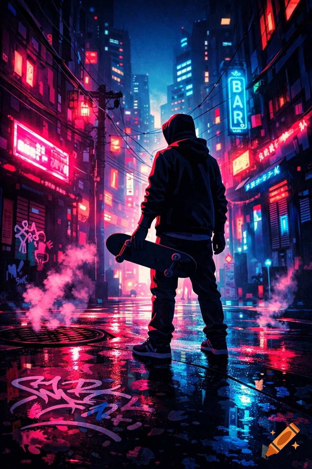 A solitary figure in a hoodie holding a skateboard stands on a wet street, surrounded by vibrant neon lights in a futuristic cyberpunk city at night.