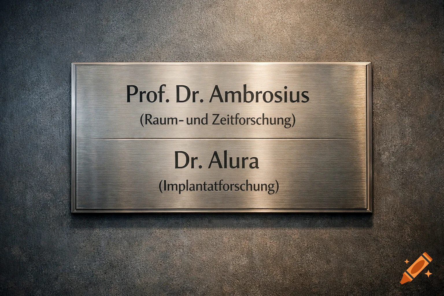 Brushed metal sign for Prof. Dr. Ambrosius (Space and Time Research) and Dr. Alura (Implant Research) on a wall.