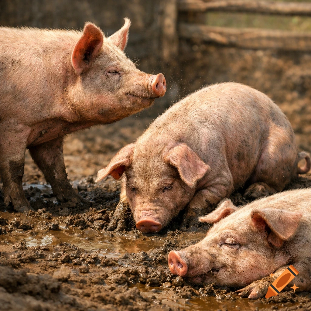 Three pink pigs relax and wallow in a muddy puddle on a farm.
