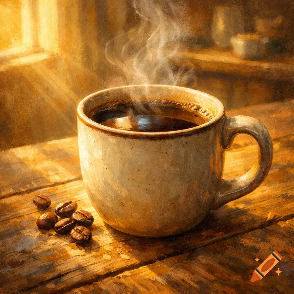 A steaming cup of coffee and beans on a rustic wooden table, illuminated by warm morning light, painted in an artistic style.