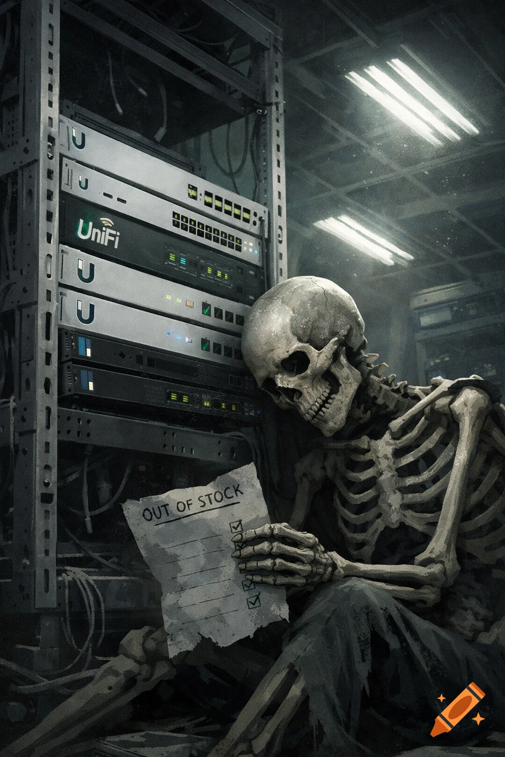 A skeleton slumped against an IT server rack containing UniFi hardware, holding a paper reading "OUT OF STOCK" in a digital art style.