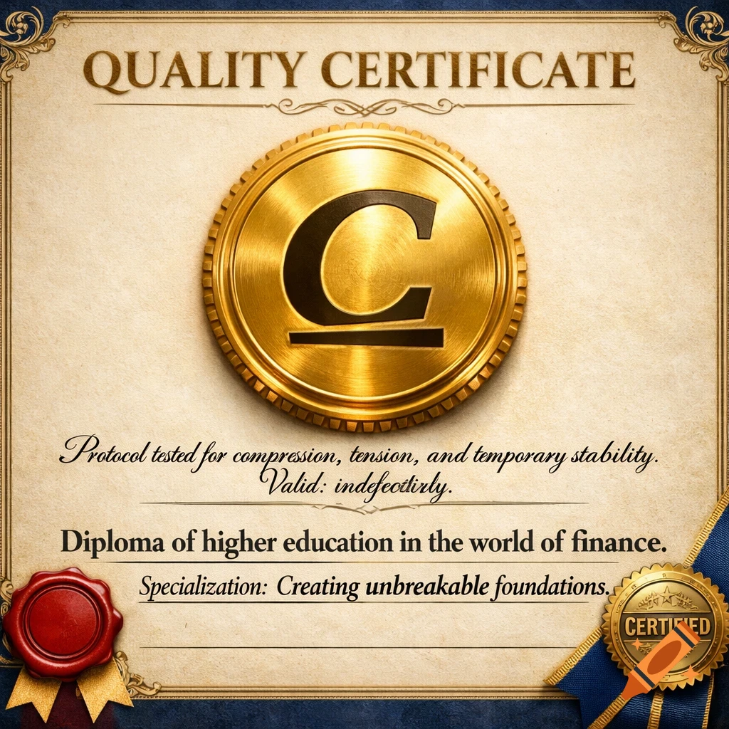 A formal quality certificate document with a large golden seal featuring a "C" logo, wax seal, and blue ribbons. Text includes "Quality Certificate" and details on finance.