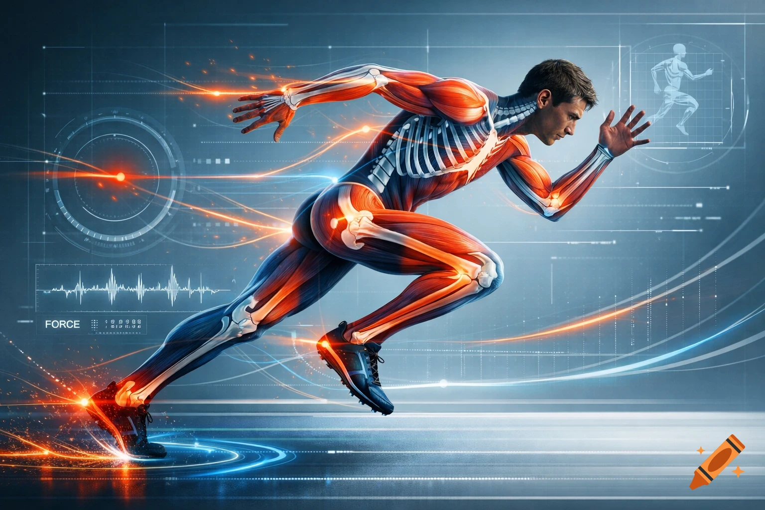 A dynamic digital illustration of a male runner in a sprint, with visible muscles and bones, surrounded by glowing lines and futuristic data interfaces representing sports science.
