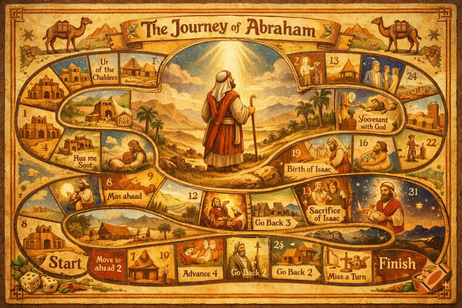 An illustrated vintage-style board game titled 'The Journey of Abraham', depicting scenes from Abraham's life with camels and desert landscapes.