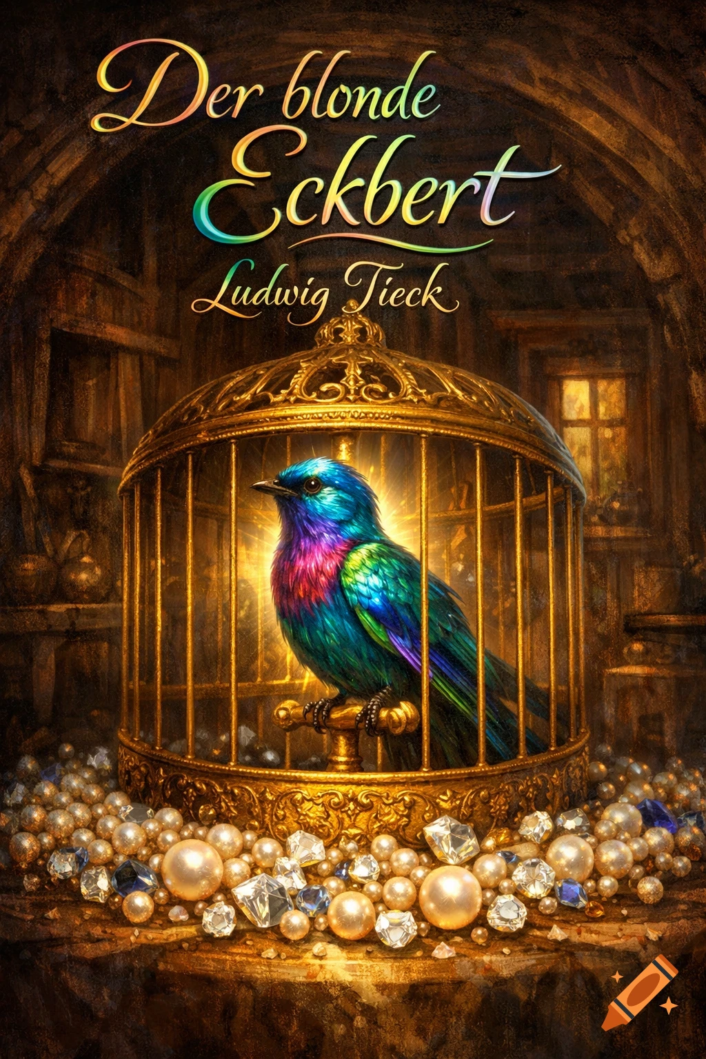 A glowing, iridescent bird sits in an ornate golden cage, surrounded by pearls and diamonds, with 'Der blonde Eckbert Ludwig Tieck' above, in a dark, old room.