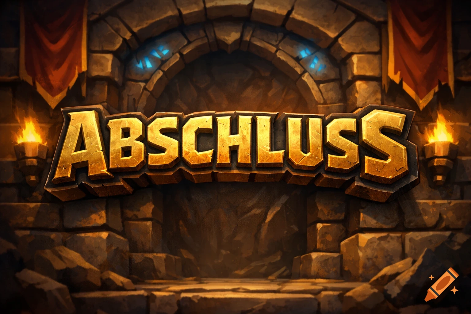 Golden, blocky 'ABSCHLUSS' text in a fantasy stone dungeon entrance with torches.