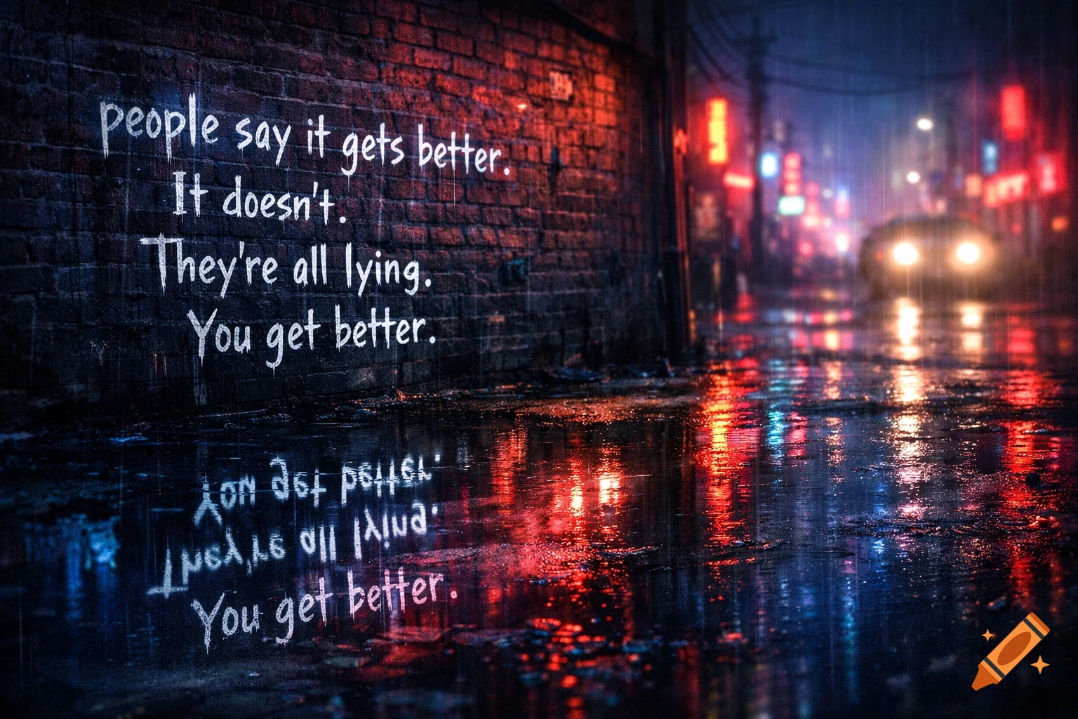 White graffiti quote 'people say it gets better. It doesn't. They're all lying. You get better.' on a brick wall reflecting on a wet rainy city street at night.