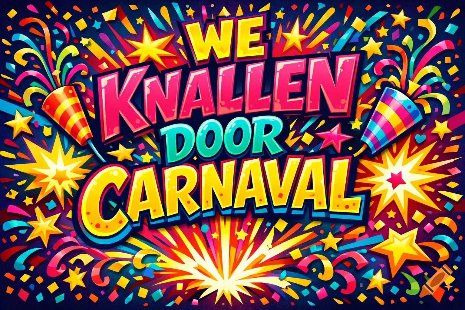 Colorful carnival illustration with "WE KNALLEN DOOR CARNAVAL" text, confetti, stars, and party poppers on a dark background.