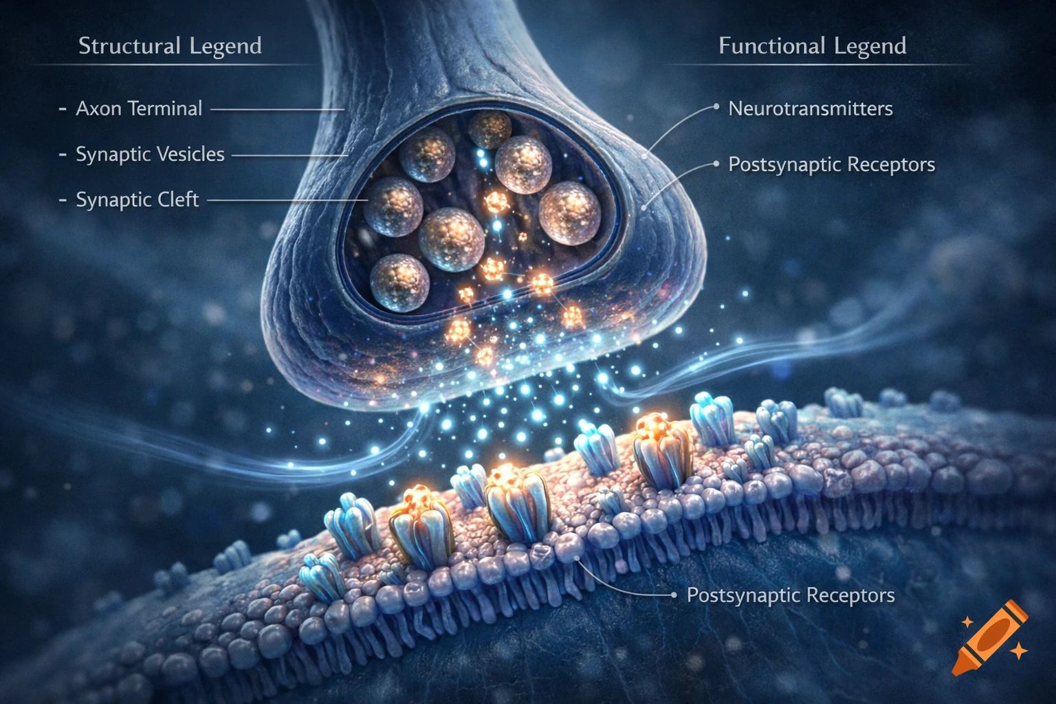 Detailed 3D rendering of a synapse showing an axon terminal, synaptic vesicles, neurotransmitters, and postsynaptic receptors with labels.