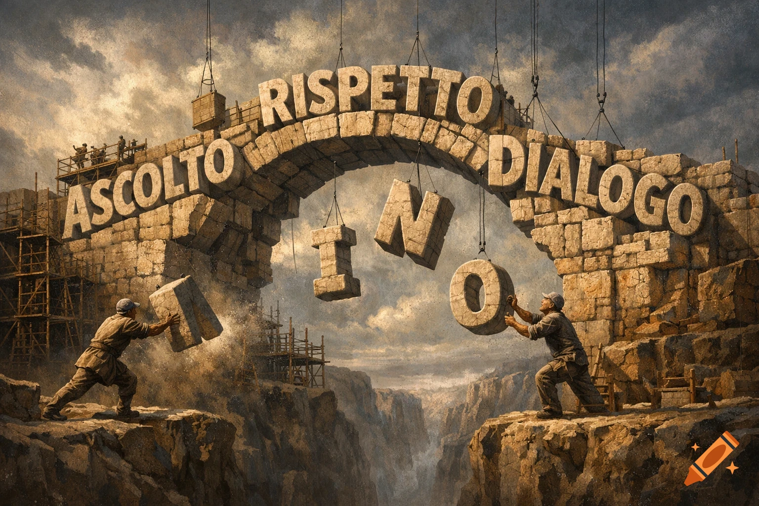 Workers build a stone arch made of giant letter blocks spelling 'ASCOLTO', 'RISPETTO', 'DIALOGO' over a canyon, with other letters suspended.