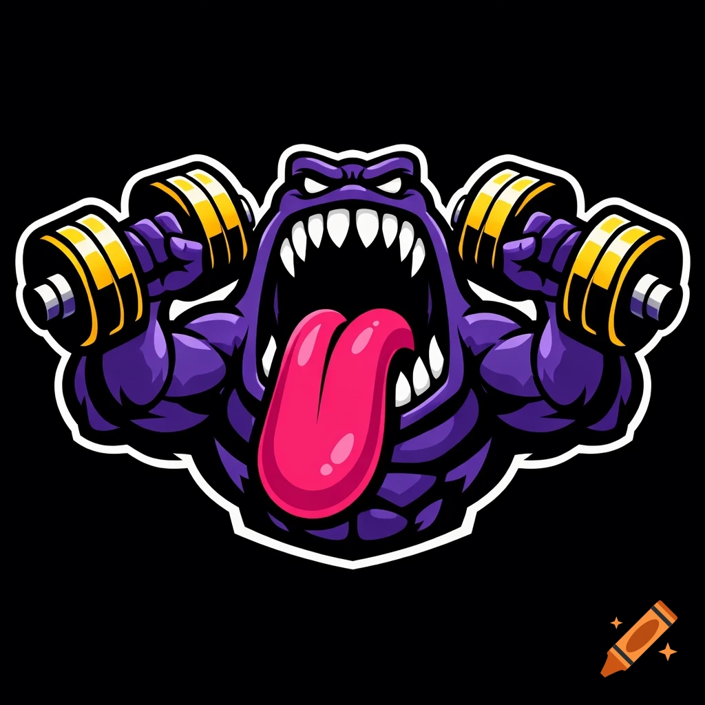 A purple muscular cartoon monster with a huge open mouth, sharp teeth, and a long pink tongue, holding two gold dumbbells against a black background.