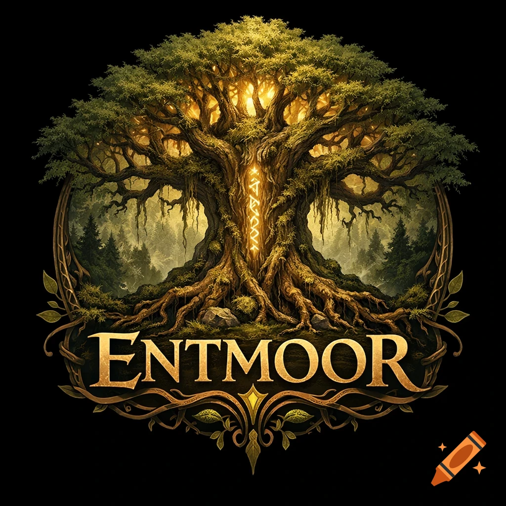 A mystical tree logo with glowing runes on its trunk, a lush green canopy, exposed roots, and the golden text 'ENTMOOR' below, framed by decorative vines.