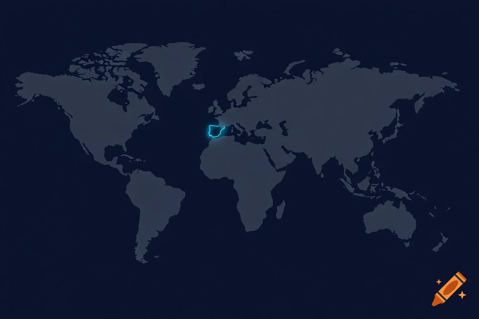 Dark-toned world map with Spain and Portugal outlined in bright neon blue.