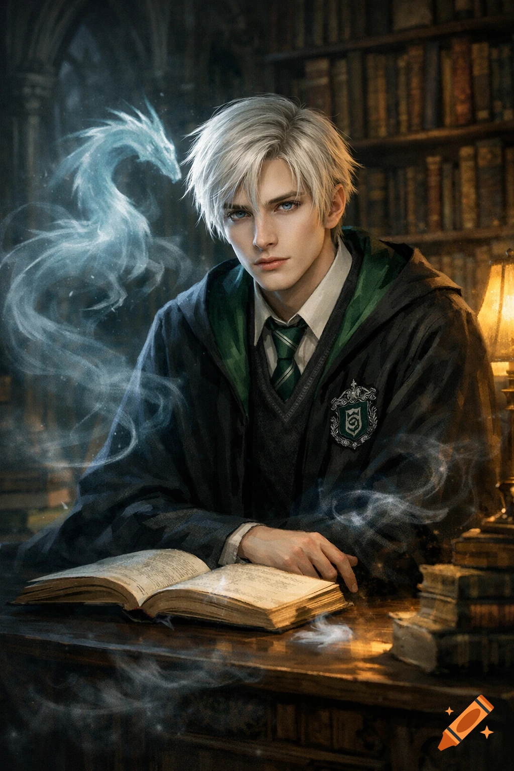 A young man with silver-blonde hair and blue eyes, wearing a dark green Slytherin robe, sits at a desk with an open book, a glowing spectral dragon behind him.