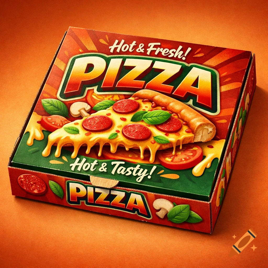 An illustrated pizza box featuring a slice of pepperoni pizza, tomatoes, mushrooms, and basil, with text 'Hot & Fresh!' and 'PIZZA'.