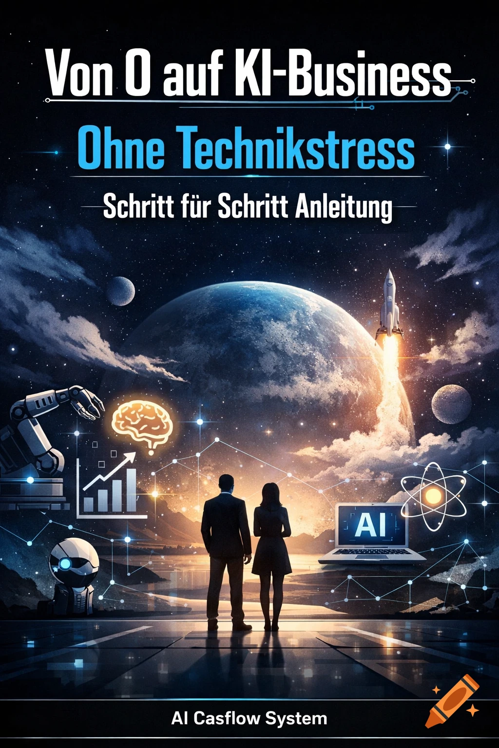A futuristic space scene featuring two businesspeople observing a cosmic landscape with planets, a rocket, robots, and glowing tech symbols. The image has German text titles at the top and bottom related to AI business.