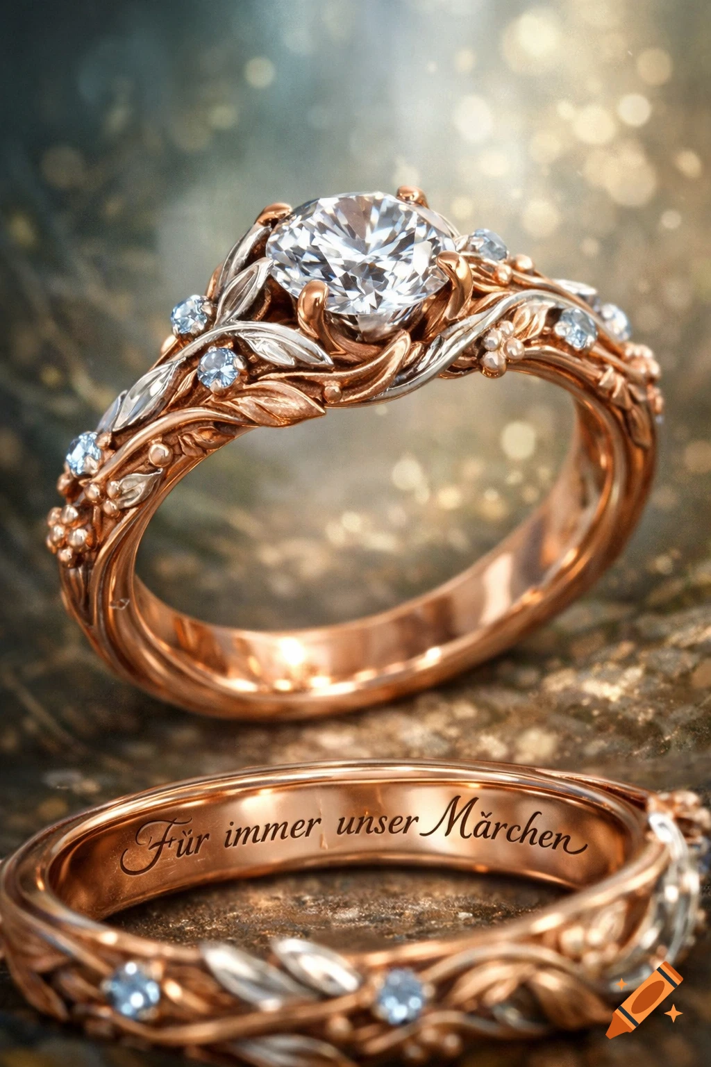 An ornate rose gold and white gold ring with a large diamond, blue sapphires, and leaf motifs, engraved with 'F r immer unser M rkchen'.