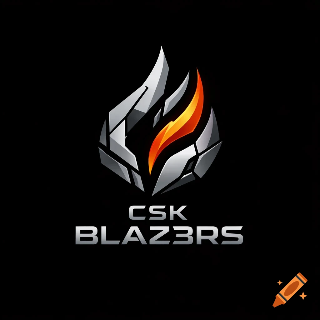 A minimalist logo for a robotics team named CSK BLAZ3RS, featuring metallic, angular shapes forming a flame with orange and yellow highlights on a black background.