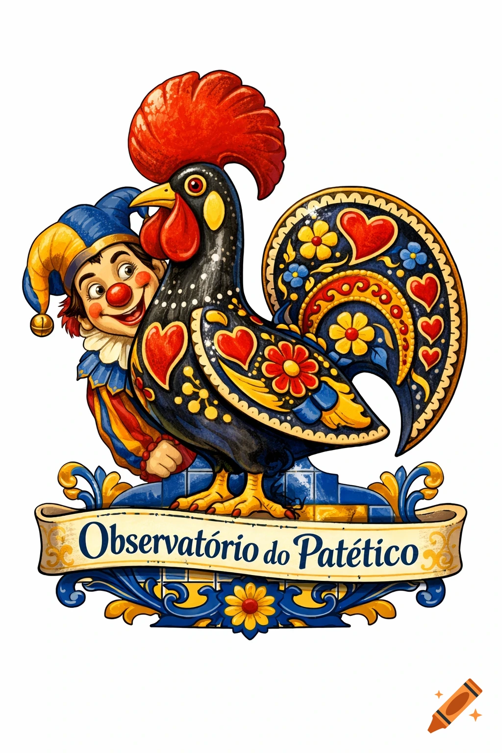 A vibrant illustration of a jester peeking from behind a colorful, stylized Portuguese rooster, with a banner displaying "Observatório do Patético".