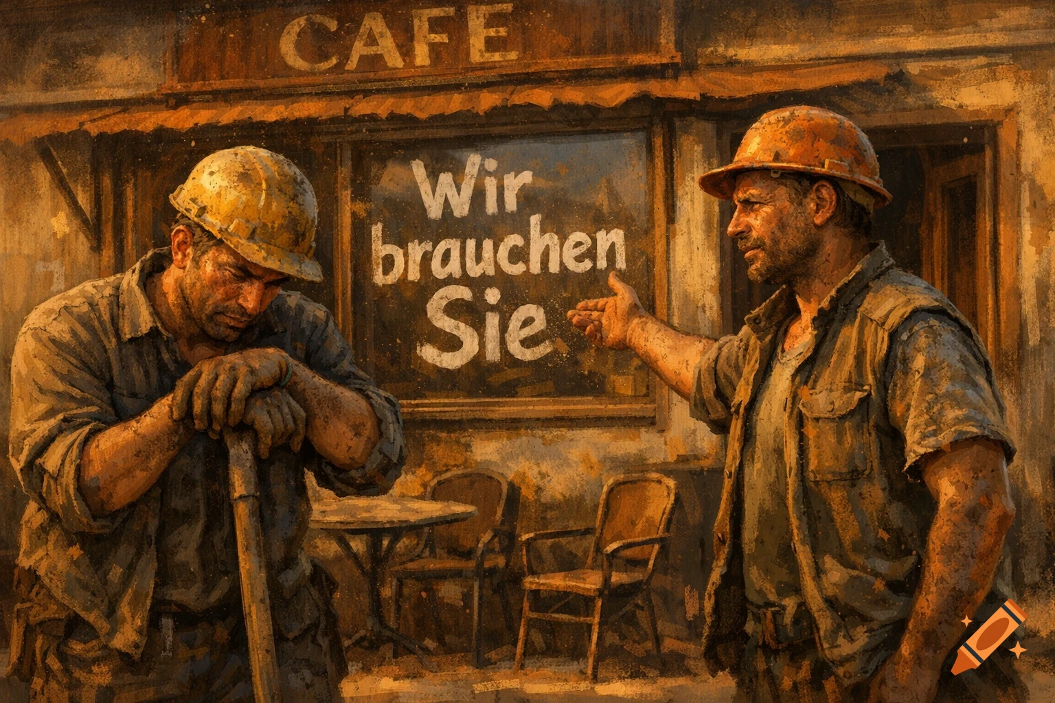 Two male workers, one leaning on a shovel, one gesturing, outside a cafe with 'Wir brauchen Sie' on the window, in a painterly style.