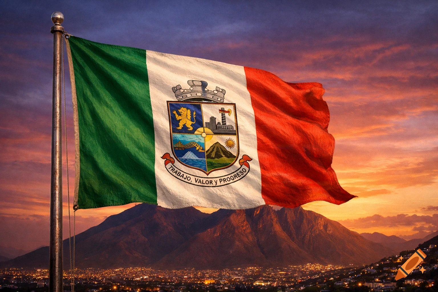 A green, white, and red flag with a coat of arms featuring a lion, city, and mountains, waving against a vibrant sunset sky over a city nestled below mountains.