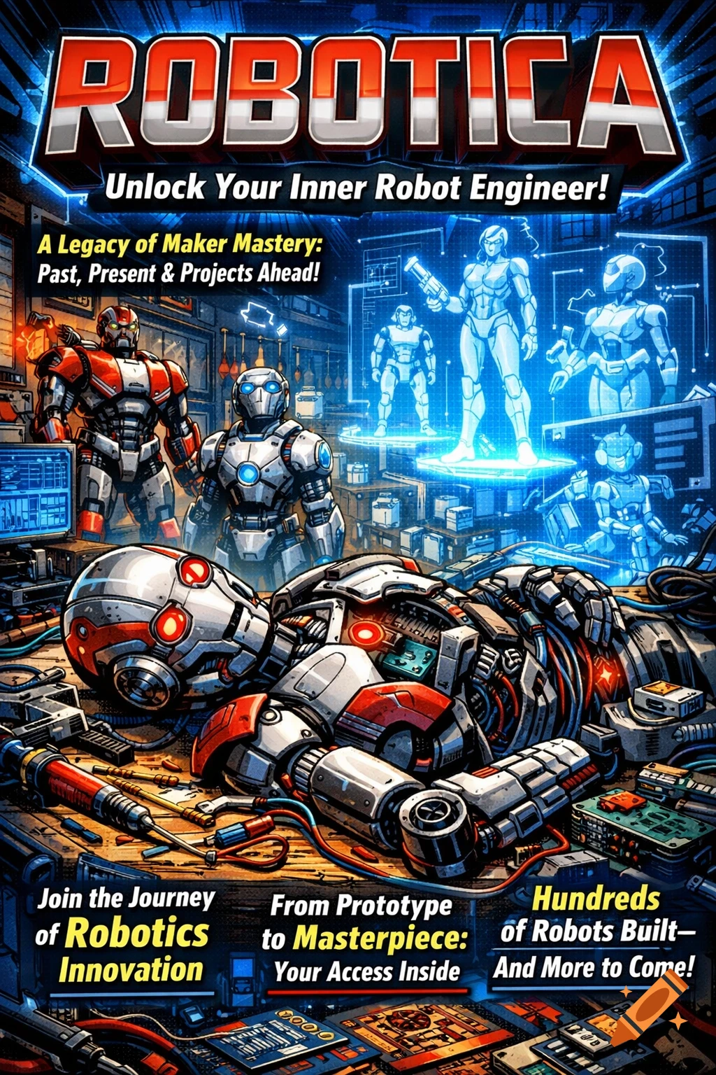 Comic book cover 'ROBOTICA' featuring a broken robot on a workbench, with other robots and holographic schematics in a workshop.