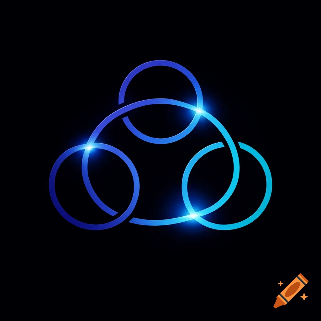 Abstract design of three interconnected blue glowing rings on a black background.