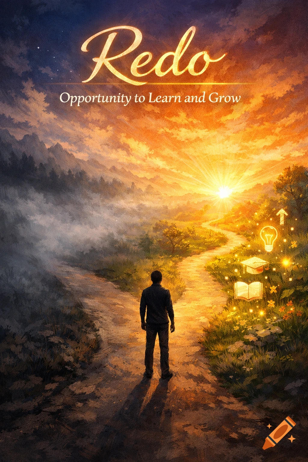 Digital painting of a man on a path towards a glowing sunrise and symbols of education, with text 'Redo: Opportunity to Learn and Grow'.