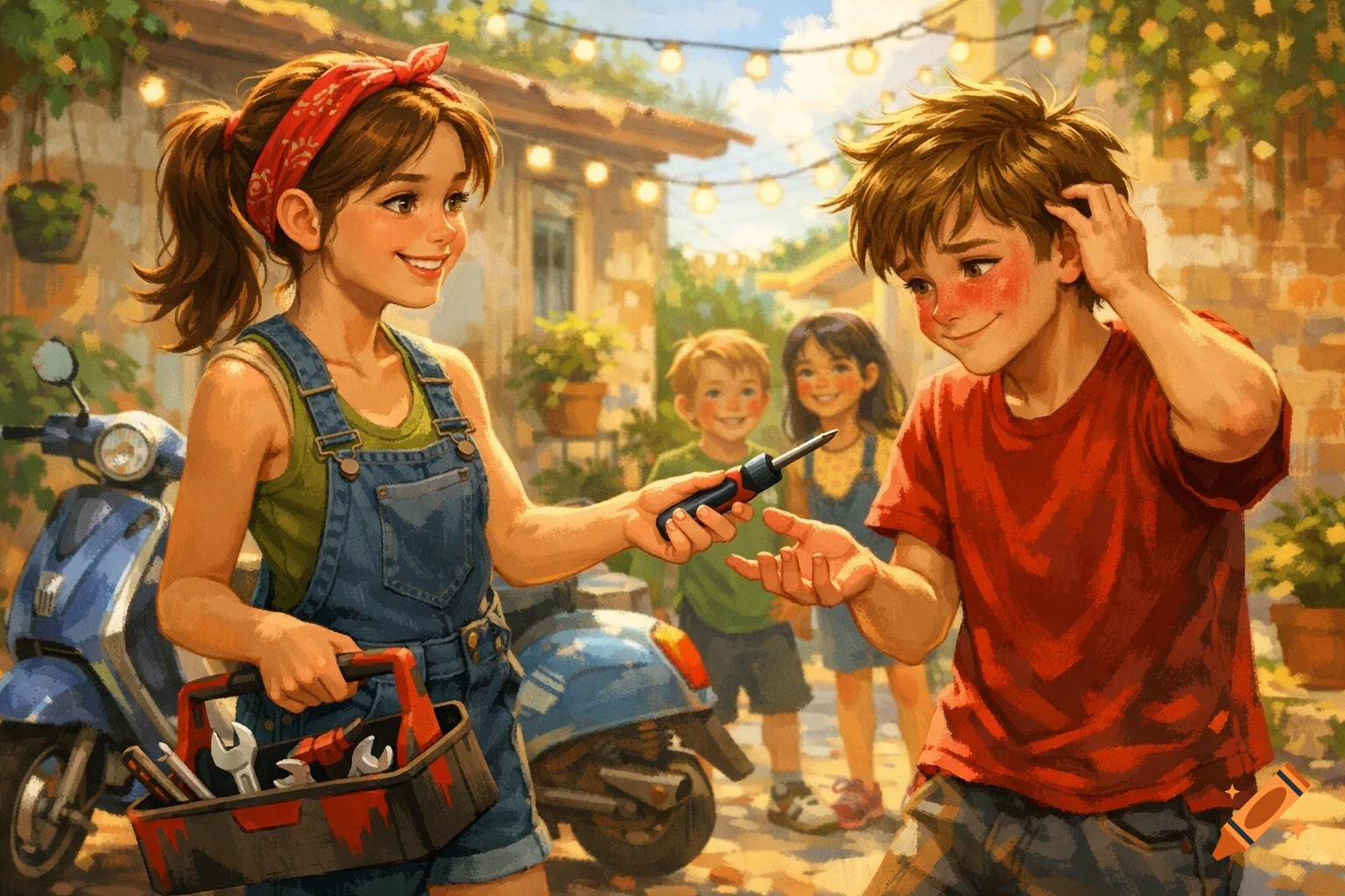 A smiling girl in overalls and a bandana offers a screwdriver to a shy boy, holding a toolbox in a sunny courtyard, with other children behind them. Illustrated.