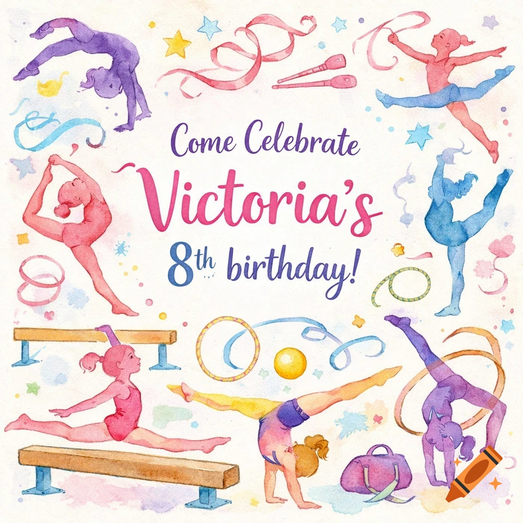 Watercolor illustration for a birthday invitation featuring gymnasts and equipment surrounding "Come Celebrate Victoria's 8th birthday!" text.