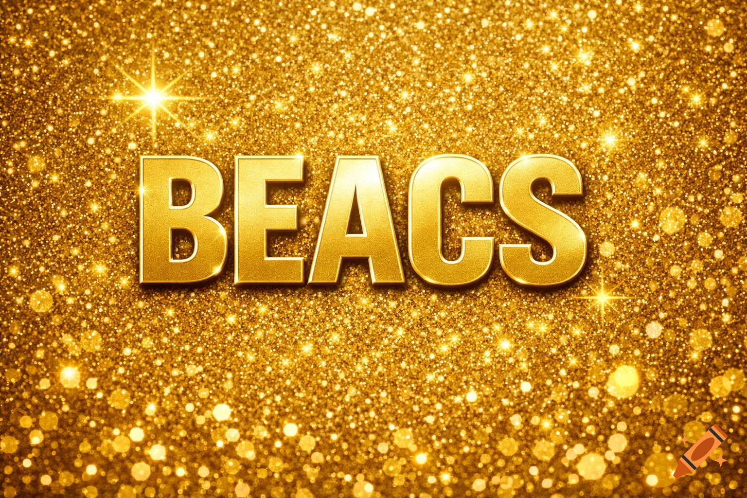 The word BEACS in shiny gold 3D letters on a sparkling gold glitter background with starbursts.