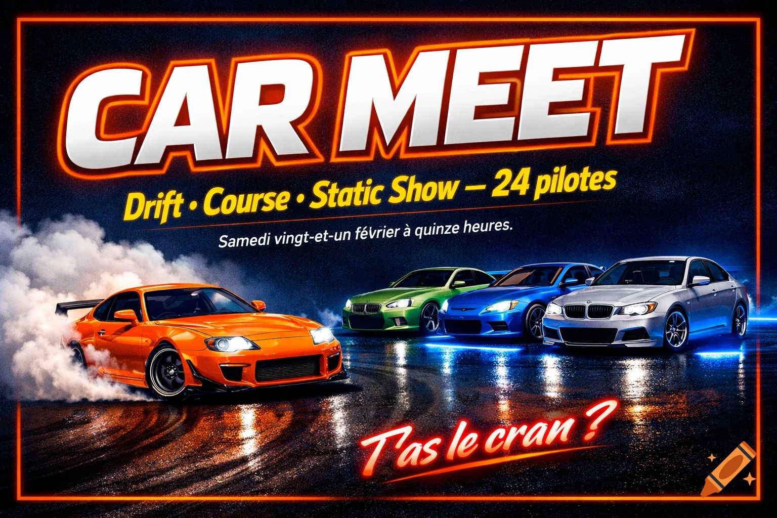 Vibrant graphic design poster for a 'CAR MEET' event, featuring an orange drift car with smoke and three static cars with blue underglow.
