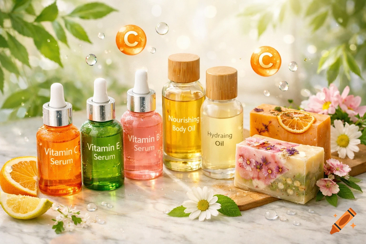 Skincare products including vitamin serums, body oils, and artisan soaps with citrus and flowers on a marble surface.