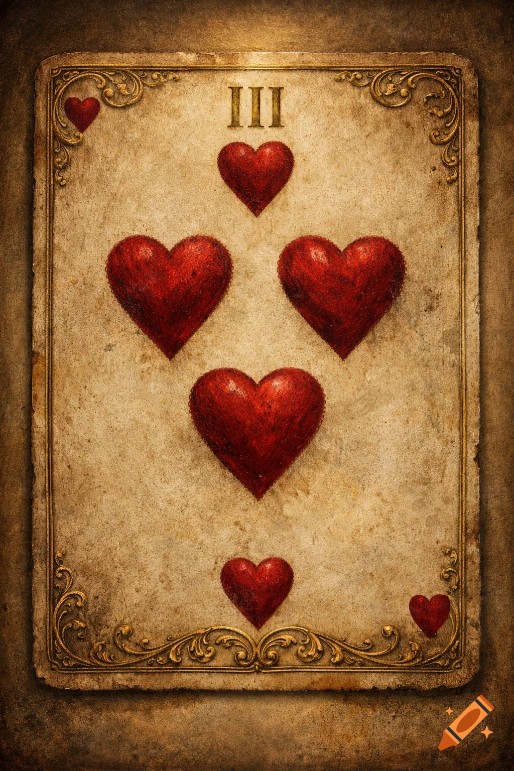 An aged playing card, the three of hearts, featuring the Roman numeral III and five textured red hearts on a grungy beige background with ornate gold borders.
