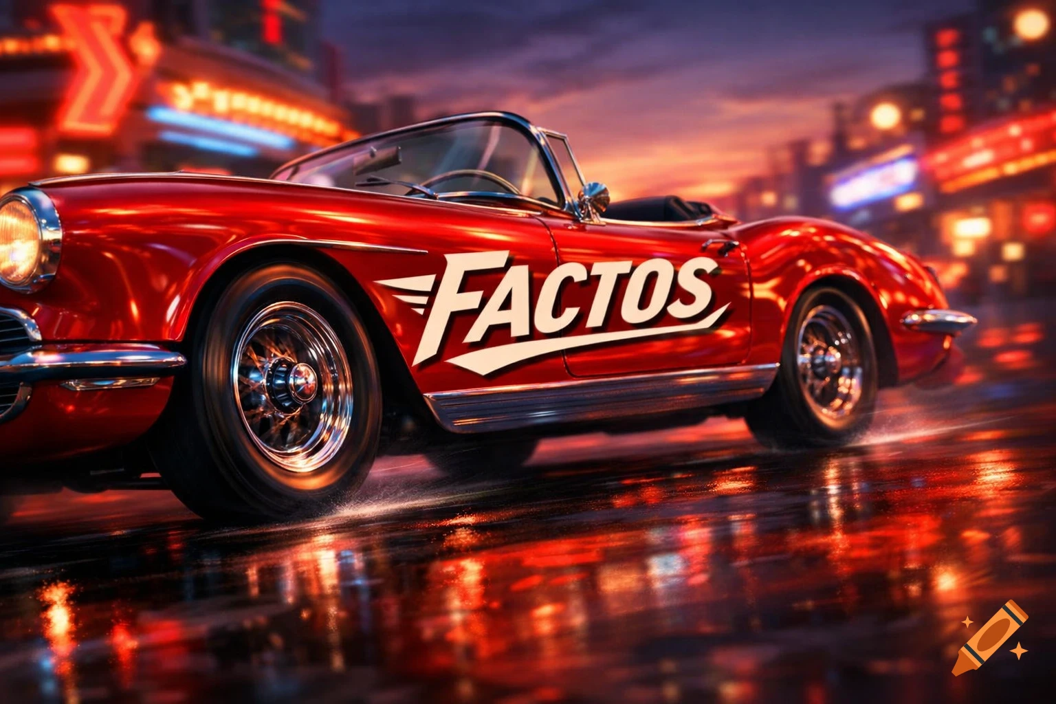 A red classic convertible car with "FACTOS" on its side speeds down a wet city street at night, reflecting neon lights.