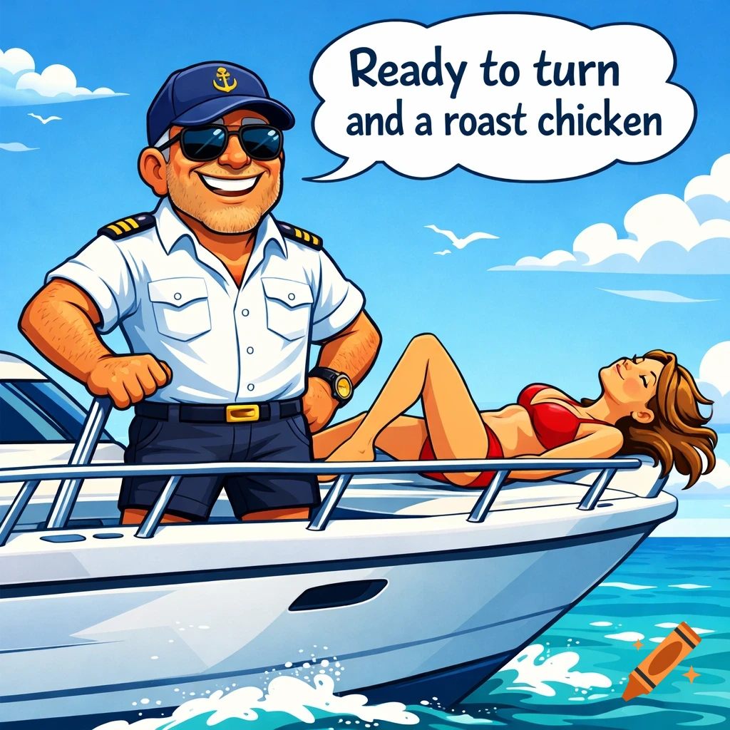 Cartoon captain smiles on a yacht while a woman in a red bikini sunbathes. Speech bubble says, "Ready to turn and a roast chicken"
