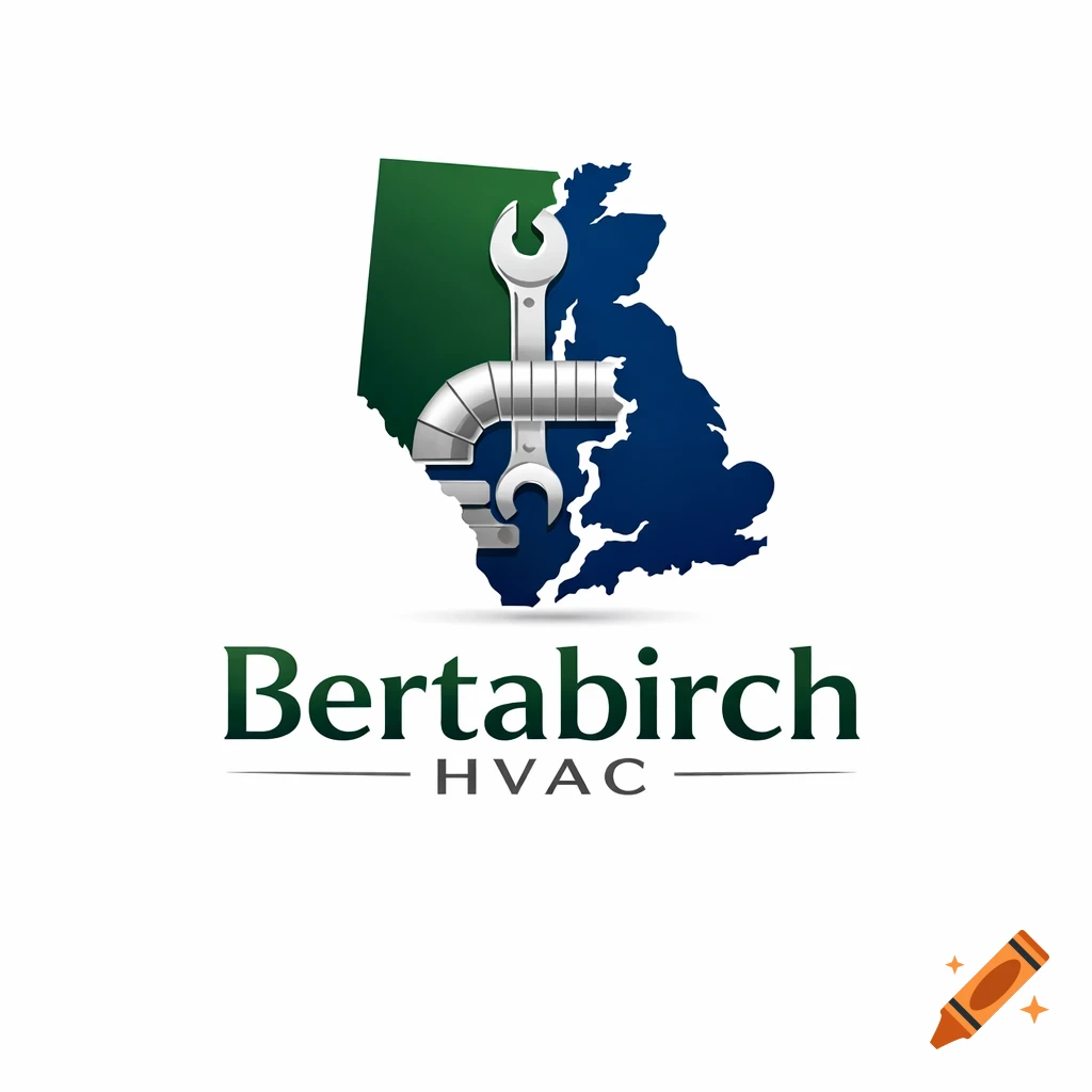 Logo featuring a blend of Alberta and UK maps in green and blue, with silver HVAC tools, and the words 'Bertabirch HVAC'.