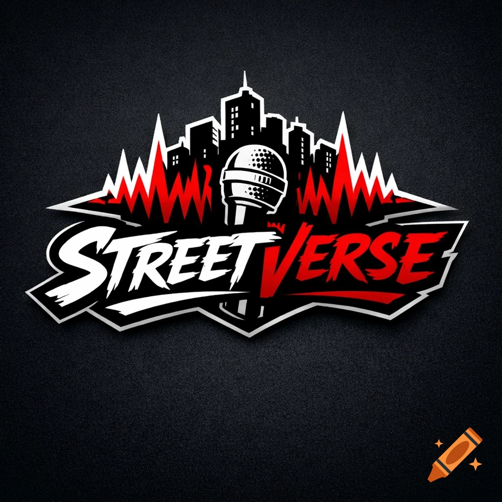 A black, white, and red logo for "StreetVerse" featuring a microphone, city skyline, and sound waves.